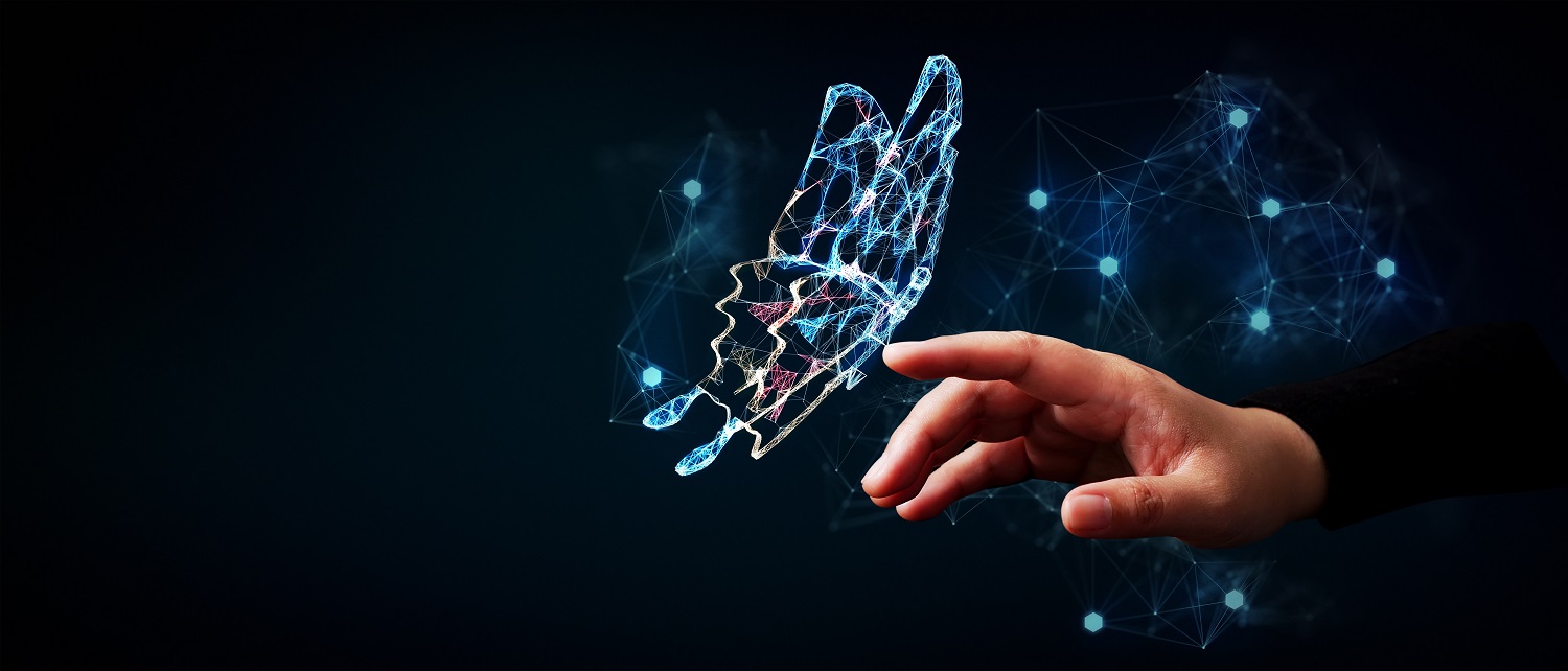 a human hand touching a butterfly representing technological transformation 