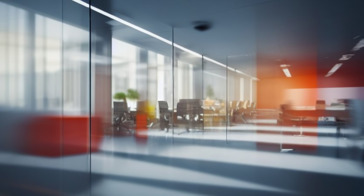 Abstract representation of a modern office interior with glass walls, conference tables, and subtle reflections.